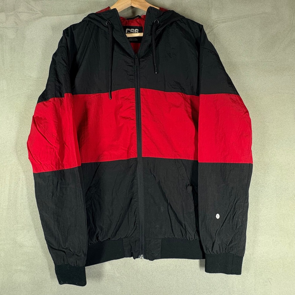 CSG Mens Colorblock Hooded Windbreaker Jacket Black Red Size Large Full Zip